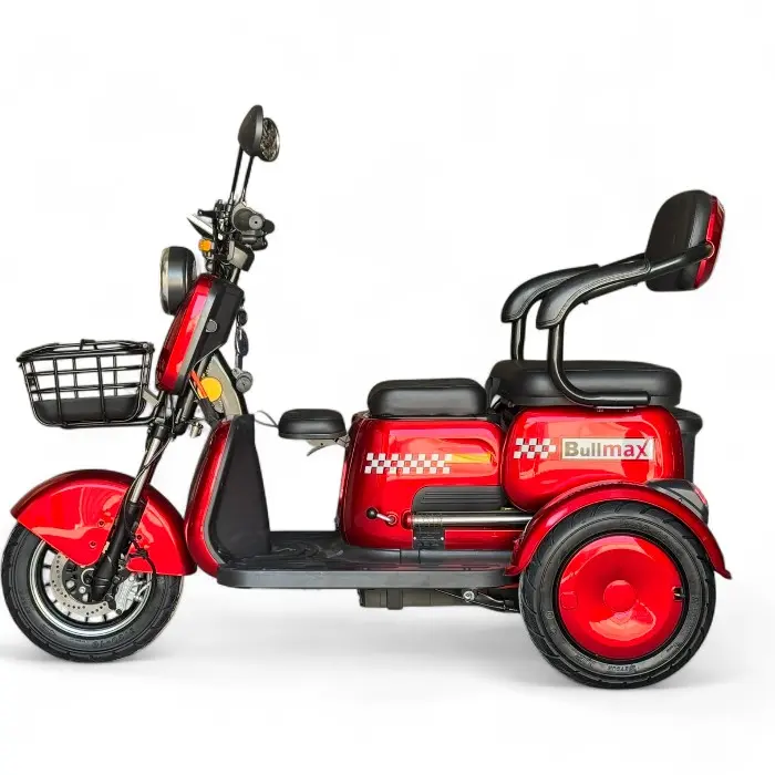 Триместна електрическа триколка Bullmax R3, 60V,20A, 2000W, 10 инча гуми, 5 батерии, задно предаване, Червена Перла - 2201