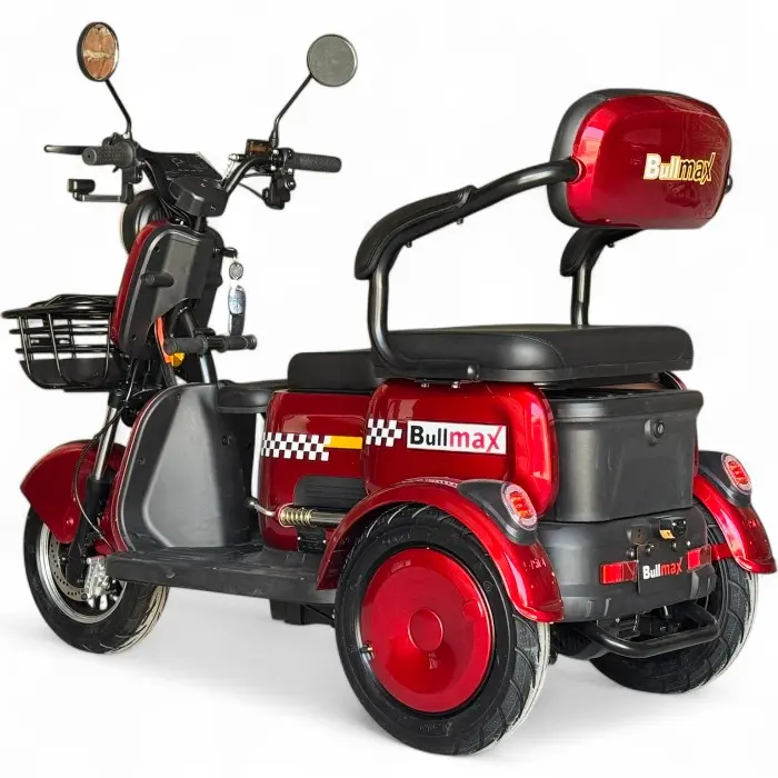 Триместна електрическа триколка Bullmax R3, 60V,20A, 2000W, 10 инча гуми, 5 батерии, задно предаване, Червена Перла - 2203