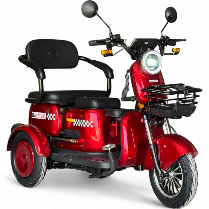 Триместна електрическа триколка Bullmax R3, 60V,20A, 2000W, 10 инча гуми, 5 батерии, задно предаване, Червена Перла - 2202