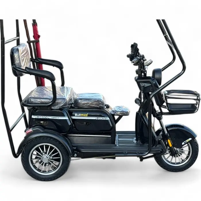 Триместна електрическа триколка Bullmax C2+ с Покрив и Страници, 60V, 20Ah, 5 батерии, 1500W, подарък бастун и чадър, Синя Перла - 1510
