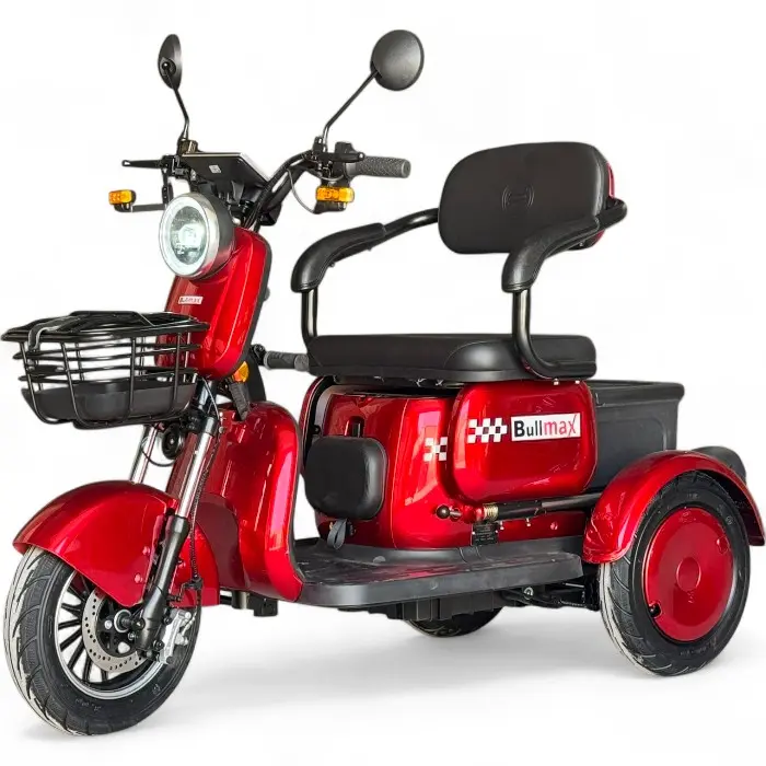 Триместна електрическа триколка Bullmax R3, 60V,20A, 2000W, 10 инча гуми, 5 батерии, задно предаване, Червена Перла - 2209