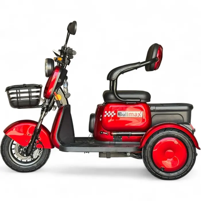 Триместна електрическа триколка Bullmax R3, 60V,20A, 2000W, 10 инча гуми, 5 батерии, задно предаване, Червена Перла - 2211