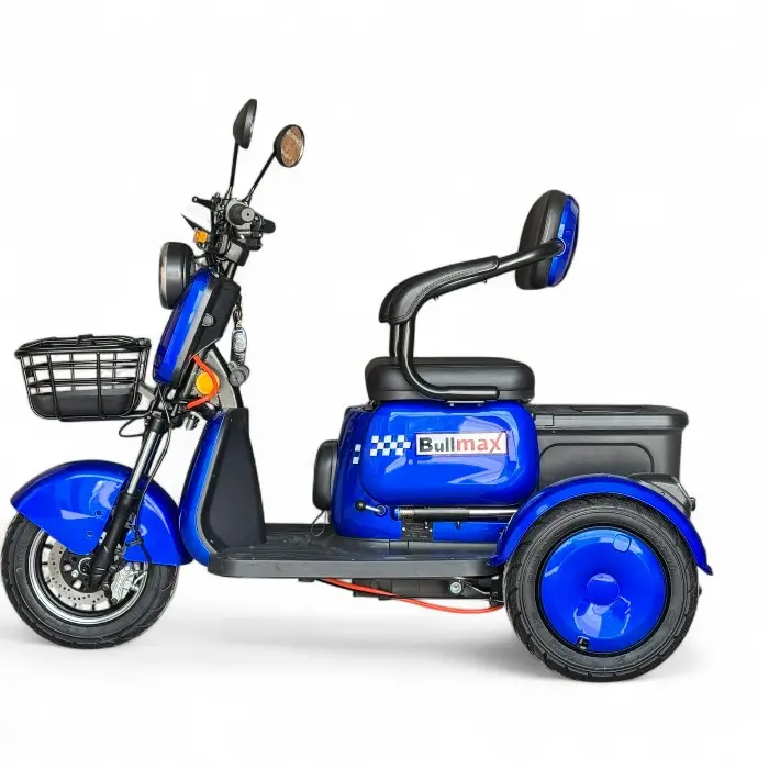 Триместна електрическа триколка Bullmax R3, 60V,20A, 2000W, 10 инча гуми, 5 батерии, задно предаване, Синя Перла - 2218