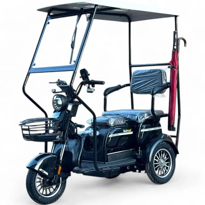 Триместна електрическа триколка Bullmax C2+ с Покрив и Страници, 60V, 20Ah, 5 батерии, 1500W, подарък бастун и чадър, Синя Перла - 1512