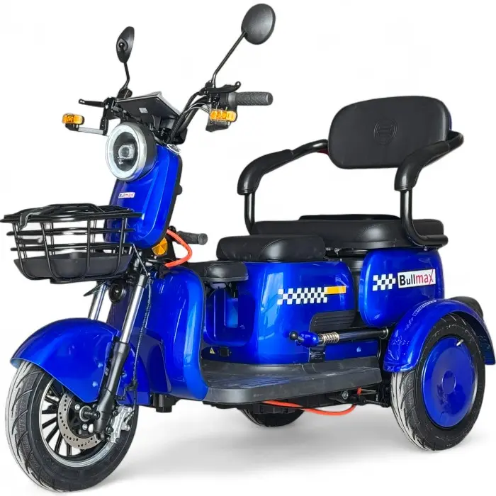 Триместна електрическа триколка Bullmax R3, 60V,20A, 2000W, 10 инча гуми, 5 батерии, задно предаване, Синя Перла - 2220