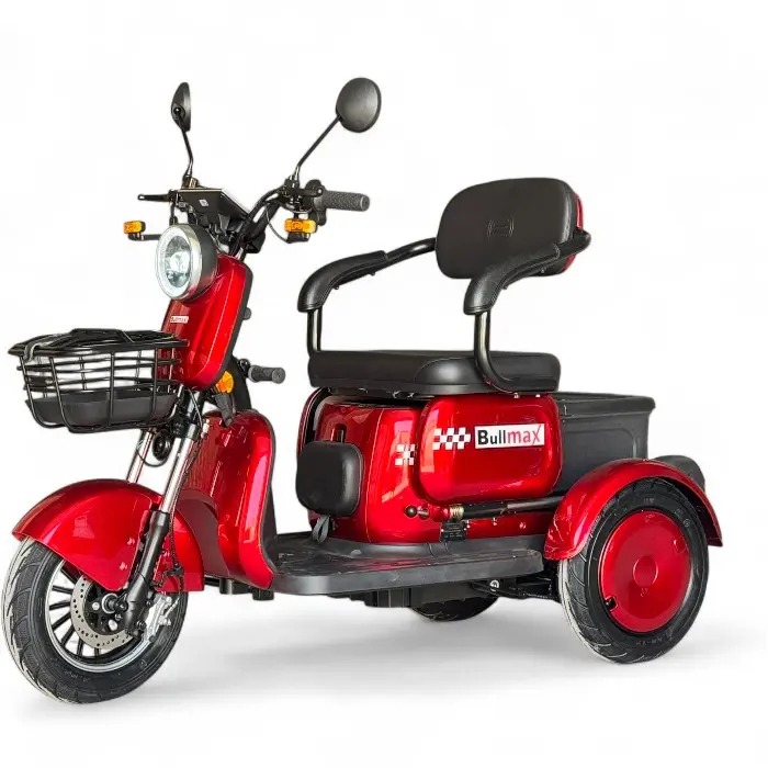 Триместна електрическа триколка Bullmax R3, 60V,20A, 2000W, 10 инча гуми, 5 батерии, задно предаване, Червена Перла - 2204