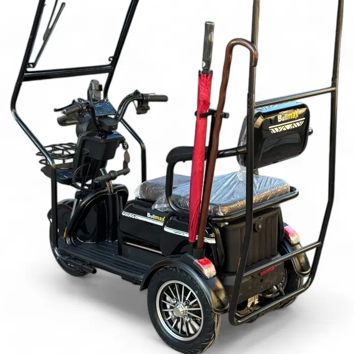 Триместна електрическа триколка Bullmax C2+ с Покрив и Страници, 60V, 20Ah, 5 батерии, 1500W, подарък бастун и чадър, Синя Перла - 1514