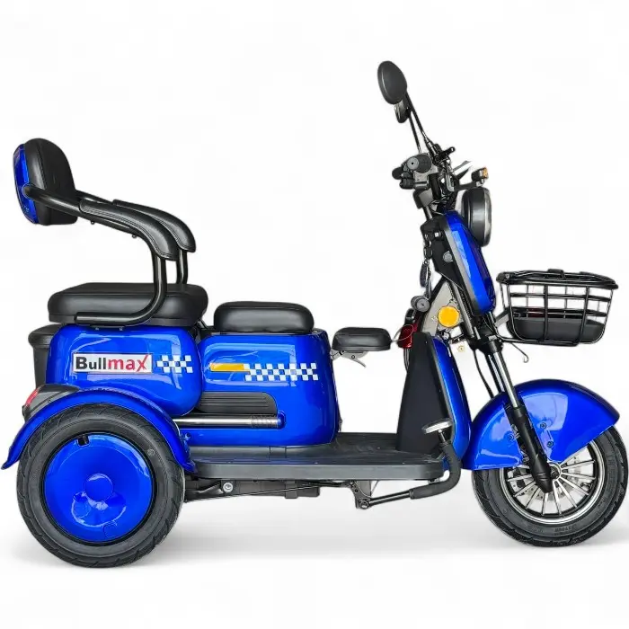 Триместна електрическа триколка Bullmax R3, 60V,20A, 2000W, 10 инча гуми, 5 батерии, задно предаване, Синя Перла - 2223