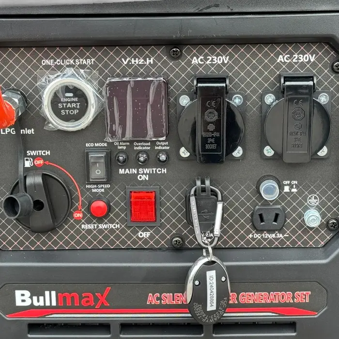 Обезшумен Инверторен генератор за ток Bullmax 6500i LPG, 6.5KW, Бензин, Газ, Дистанционно управление, ел. старт, червен, преносим, две гнезда, чиста синусоида - 2080