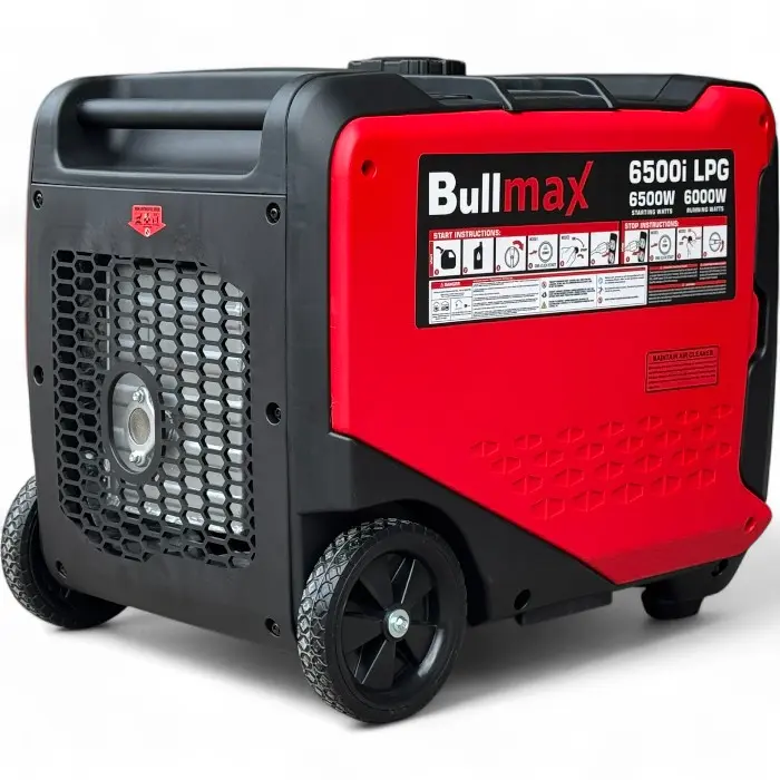 Обезшумен Инверторен генератор за ток Bullmax 6500i LPG, 6.5KW, Бензин, Газ, Дистанционно управление, ел. старт, червен, преносим, две гнезда, чиста синусоида - 2083