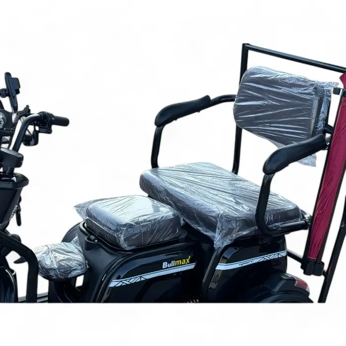 Триместна електрическа триколка Bullmax C2+ с Покрив и Страници, 60V, 20Ah, 5 батерии, 1500W, подарък бастун и чадър, Синя Перла - 1516