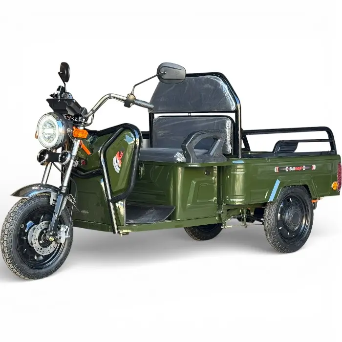 Двуместна Товарна Електрическа Триколка, 2500W, 5 батерии, 60V,20Ah, 500кг, демултипликатор,EEC Сертификат, Военно Зелено - 2662