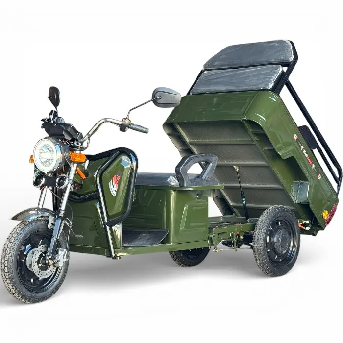 Двуместна Товарна Електрическа Триколка, 2500W, 5 батерии, 60V,20Ah, 500кг, демултипликатор,EEC Сертификат, Военно Зелено - 2663